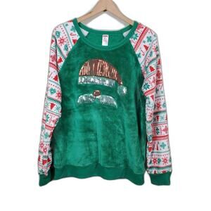 Holiday Time Santa Sequin Ugly Christmas Sweatshirt Womens Size XL Green